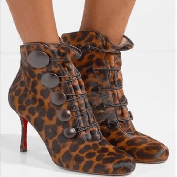 Christian Louboutin Booton 85 Boots EU 36.5 Calf Hair Brown Animal Print Heels - Picture 2 of 11